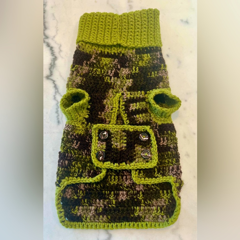 Gorgeous hand crochet 100% Washable Merino Wool Dog Coat/Sweater, brown/green